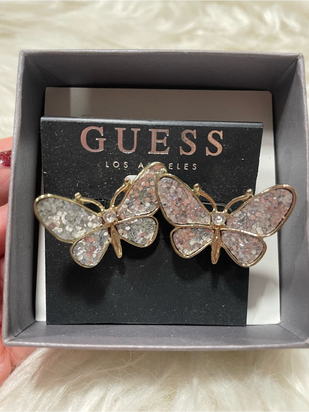 GUESS Glitter Butterfly Stud Earrings - Silver Rhinestones and Gold